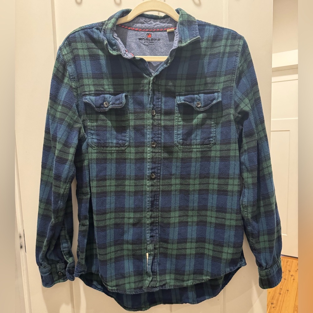 Woolrich Men’s Large Blue Green Plaid Flannel Button Up Long Sleeve Pockets